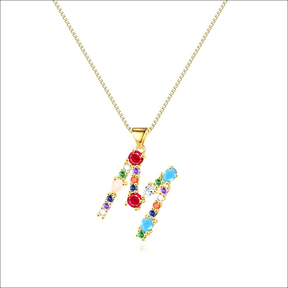 Gold Plated Box Chain Choker with Zircon Initial Pendant Necklace